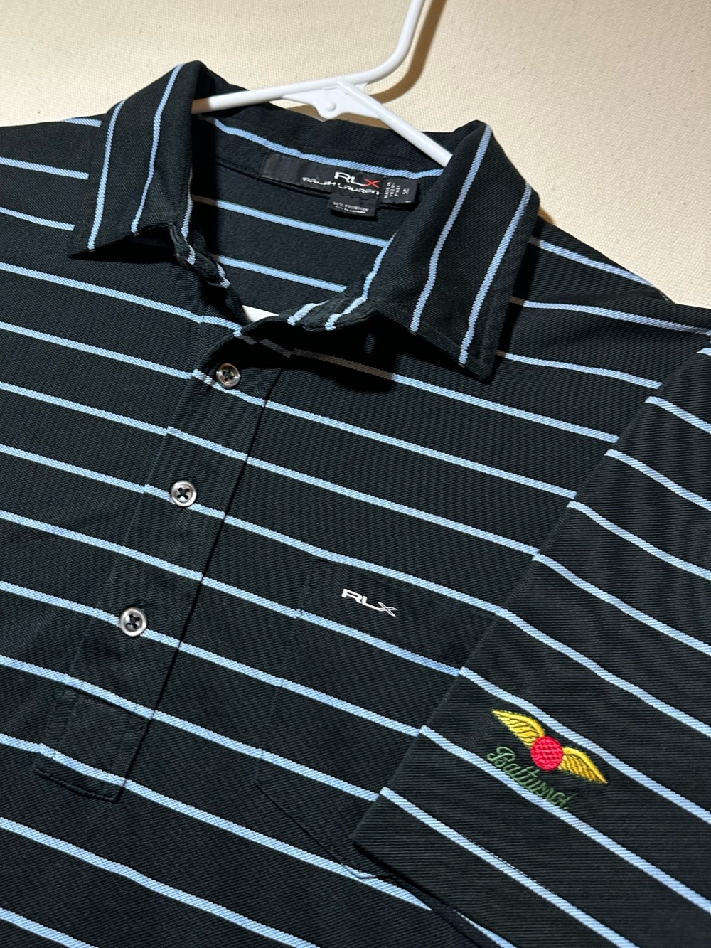 RLX Ralph Lauren Black Golf Polo with Light Blue Stripes x Baltusrol Golf Club